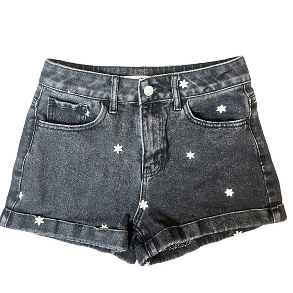 Pacsun Women 25 Short Mom Relaxed Black Denim Daisy Floral Embroidery High Rise - Picture 1 of 12